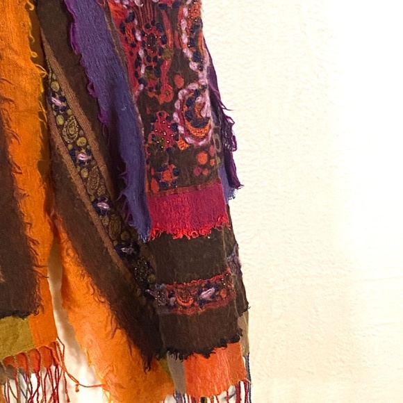 Boho Chic Soft Wool Embroidered Artisan Fringe Scarf Wrap Colorful Festival - Picture 3 of 11